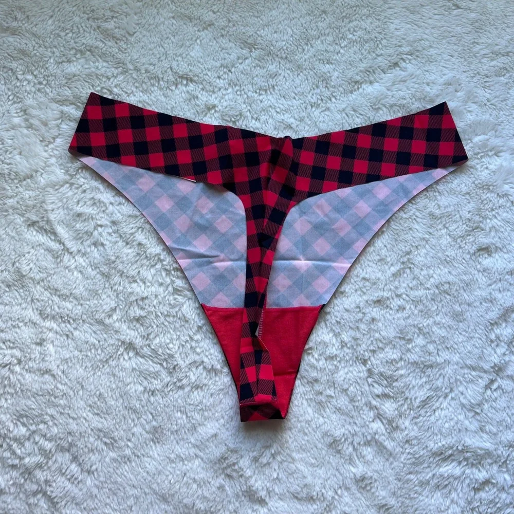 Jenni Intimates Women's Red Black Buffalo Plaid Seamless Thong Panty Size XL New